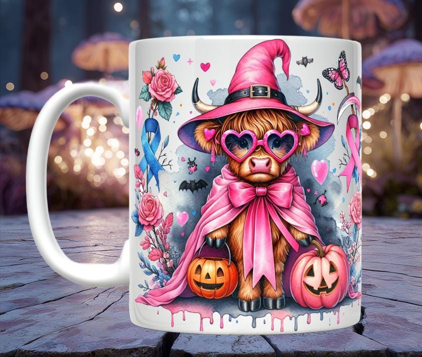 Highland Cow Pink Witch Halloween Mug