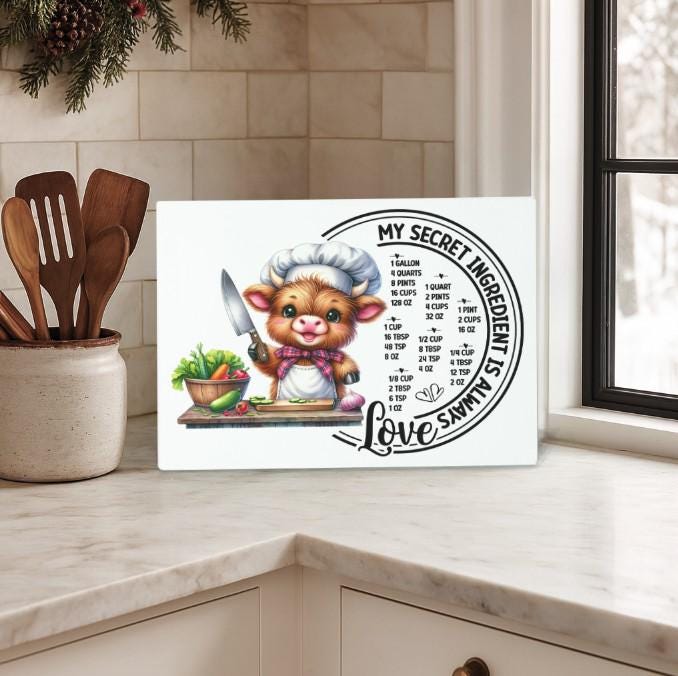 Secret Ingredient/Kitchen Conversion Glass Cutting Board with Highland Cow Chef