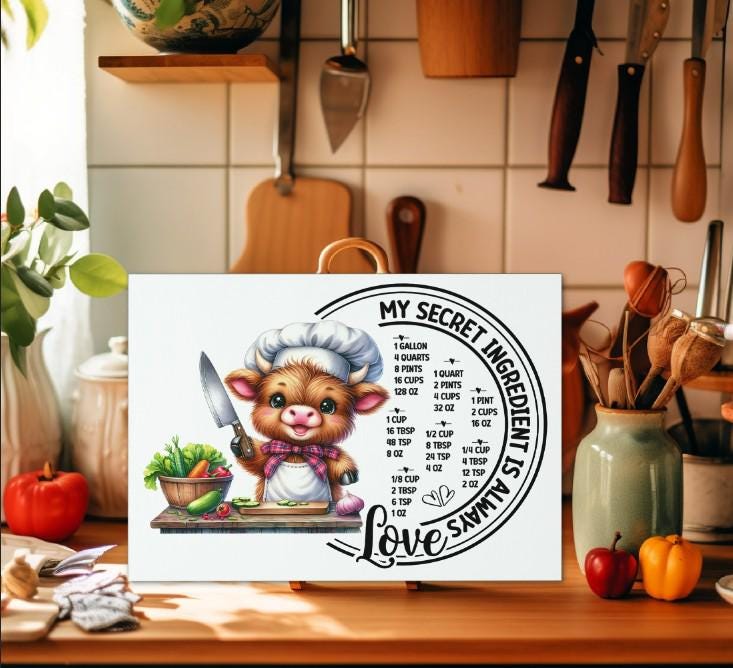 Secret Ingredient/Kitchen Conversion Glass Cutting Board with Highland Cow Chef