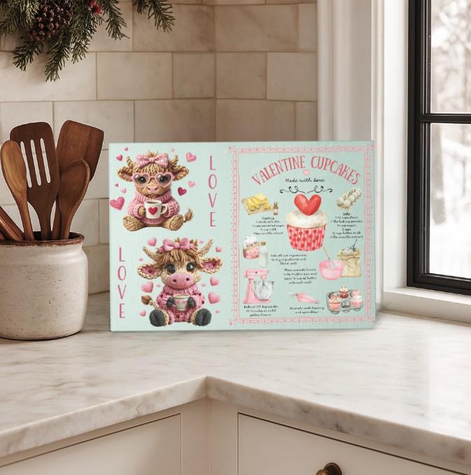 Highland Cow Valentine Cupcake Glass Cutting Board