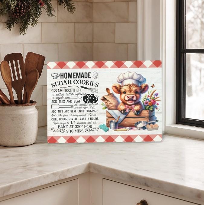 Sugar Cookie Recipe Glass Cutting Board with Highland Cow