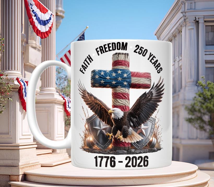 Faith & Freedom 250 Years Mug — Patriotic Gift, 11oz or 15oz Ceramic Coffee Mug