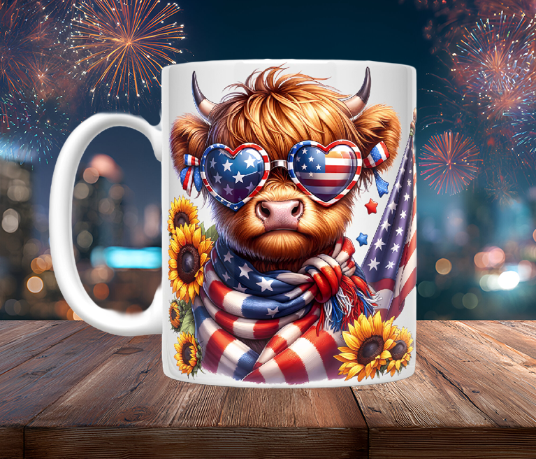 Patriotic Highland Cow Headshot Mugs