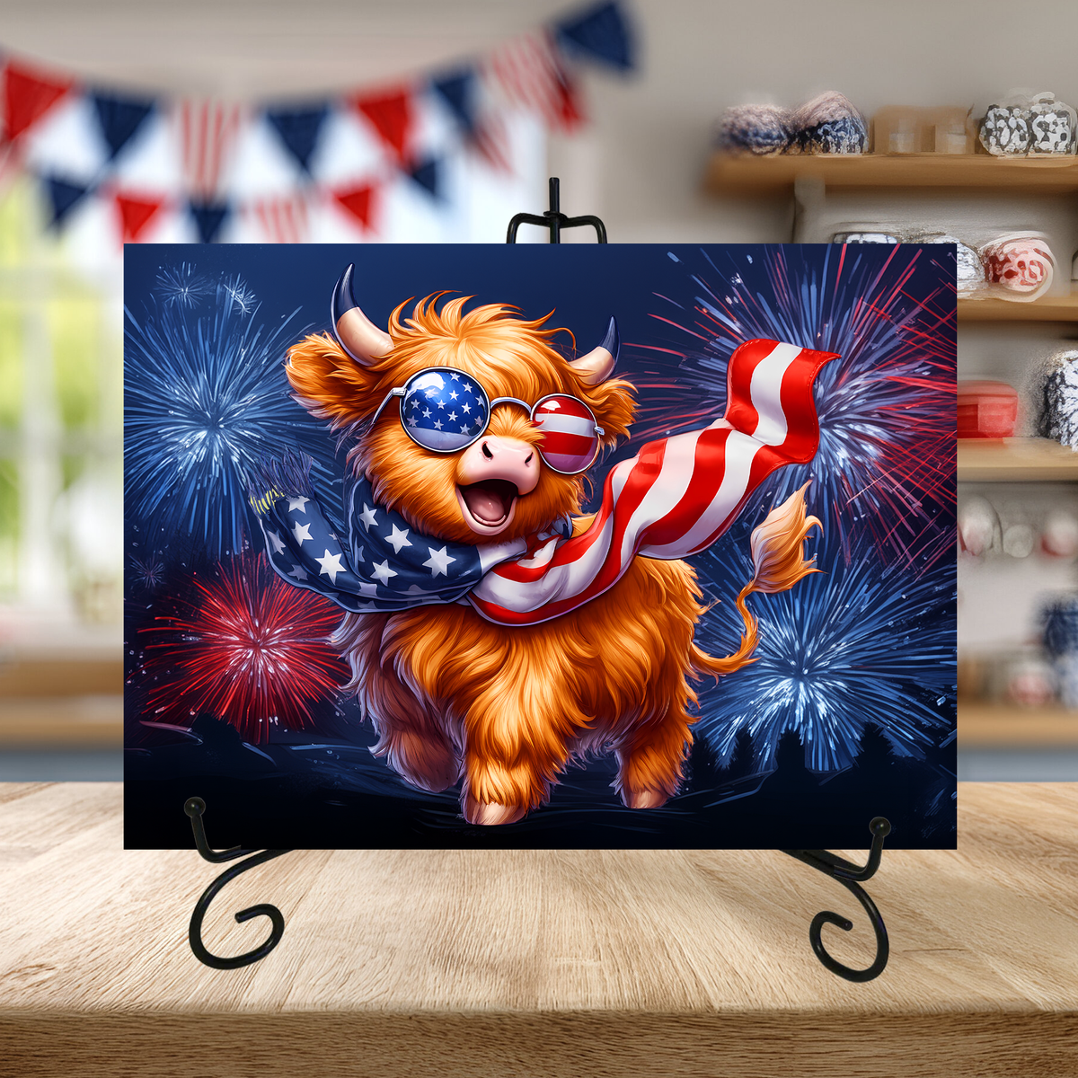 Patriotic Highland Cow Glass Cutting Board