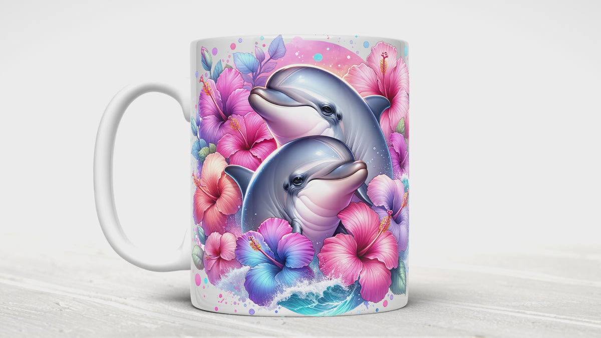 Dolphin Ceramic Coffee Mug, Playful Floral Design